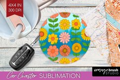 Retro Flowers Car Coaster - Groovy Coaster PNG Sublimation Product Image 1