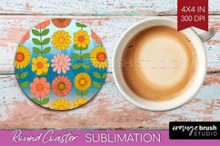 Retro Flowers Round Coaster - Groovy Coaster PNG Sublimation Product Image 1