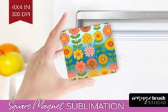 Retro Flowers Magnet Sublimation - Groovy Square Magnet PNG Product Image 1