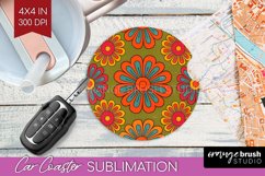 Retro Flowers Car Coaster - Groovy Coaster PNG Sublimation Product Image 1