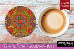 Retro Flowers Round Coaster - Groovy Coaster PNG Sublimation Product Image 1