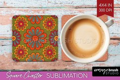 Retro Flowers Square Coaster - Groovy Coaster PNG Product Image 1