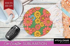 Retro Flowers Car Coaster - Groovy Coaster PNG Sublimation Product Image 1