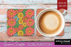 Retro Flowers Square Coaster - Groovy Coaster PNG Product Image 1