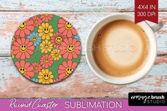 Retro Flowers Round Coaster - Groovy Coaster PNG Sublimation Product Image 1