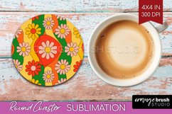 Retro Flowers Round Coaster - Groovy Coaster PNG Sublimation Product Image 1