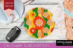 Retro Flowers Car Coaster - Groovy Coaster PNG Sublimation Product Image 1