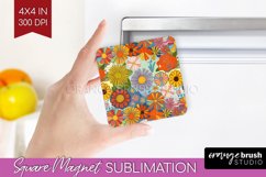 Retro Flowers Magnet Sublimation - Groovy Square Magnet PNG Product Image 1