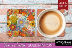 Retro Flowers Square Coaster - Groovy Coaster PNG Product Image 1