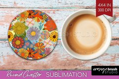 Retro Flowers Round Coaster - Groovy Coaster PNG Sublimation Product Image 1