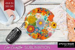 Retro Flowers Car Coaster - Groovy Coaster PNG Sublimation Product Image 1