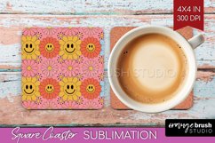 Retro Flowers Square Coaster - Groovy Coaster PNG Product Image 1