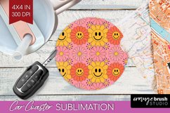 Retro Flowers Car Coaster - Groovy Coaster PNG Sublimation Product Image 1