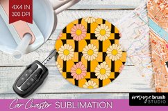 Retro Flowers Car Coaster - Groovy Coaster PNG Sublimation Product Image 1