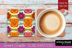 Retro Flowers Square Coaster - Groovy Coaster PNG Product Image 1