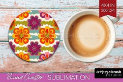 Retro Flowers Round Coaster - Groovy Coaster PNG Sublimation Product Image 1
