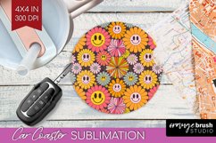 Retro Flowers Car Coaster - Groovy Coaster PNG Sublimation Product Image 1