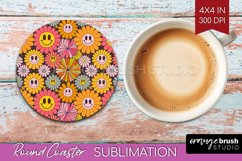 Retro Flowers Round Coaster - Groovy Coaster PNG Sublimation Product Image 1