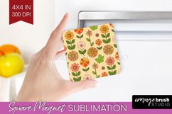 Retro Flowers Magnet Sublimation - Groovy Square Magnet PNG Product Image 1