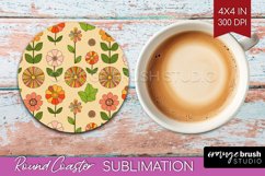 Retro Flowers Round Coaster - Groovy Coaster PNG Sublimation Product Image 1