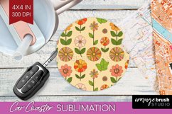 Retro Flowers Car Coaster - Groovy Coaster PNG Sublimation Product Image 1