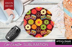 Retro Flowers Car Coaster - Groovy Coaster PNG Sublimation Product Image 1