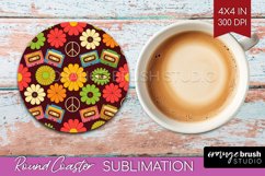 Retro Flowers Round Coaster - Groovy Coaster PNG Sublimation Product Image 1