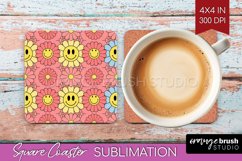 Retro Flowers Square Coaster - Groovy Coaster PNG Product Image 1
