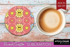 Retro Flowers Round Coaster - Groovy Coaster PNG Sublimation Product Image 1