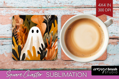 Cute Ghost Square Coaster - Spooky Halloween Coaster PNG Product Image 1