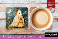 Cute Ghost Square Coaster - Spooky Halloween Coaster PNG Product Image 1