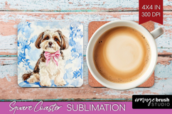 Havanese Dog Square Coaster Blue Toile Coaster PNG Product Image 1