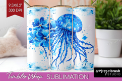 Jellyfish Floral Tumbler Wrap Blue Flowers Tumbler PNG Product Image 1