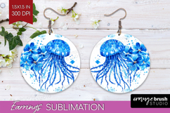 Jellyfish Floral Round Earrings Blue Flowers PNG Sublimation Product Image 1