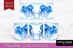 Jellyfish Floral Mug Wrap Blue Flowers Mug PNG Sublimation Product Image 1