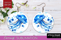 Jellyfish Floral Round Earrings Blue Flowers PNG Sublimation Product Image 1