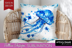 Jellyfish Floral Pillow Sublimation Blue Flowers Pillow PNG Product Image 1