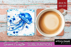 Jellyfish Floral Square Coaster Blue Flowers Coaster PNG Product Image 1