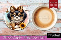 Cute Dog Round Coaster - Leopard Bow Coaster PNG Sublimation Product Image 1