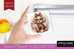 Cute Dog Magnet Sublimation - Leopard Bow Square Magnet PNG Product Image 1