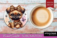 Cute Dog Round Coaster - Leopard Bow Coaster PNG Sublimation Product Image 1