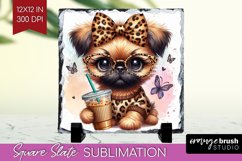 Cute Dog Slate PNG - Leopard Bow Square Slate Sublimation Product Image 1