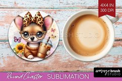 Cute Dog Round Coaster - Leopard Bow Coaster PNG Sublimation Product Image 1