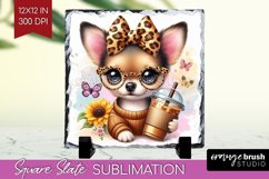 Cute Dog Slate PNG - Leopard Bow Square Slate Sublimation Product Image 1