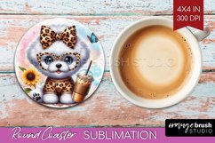 Cute Dog Round Coaster - Leopard Bow Coaster PNG Sublimation Product Image 1