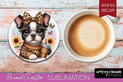 Cute Dog Round Coaster - Leopard Bow Coaster PNG Sublimation Product Image 1