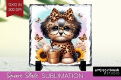 Cute Dog Slate PNG - Leopard Bow Square Slate Sublimation Product Image 1