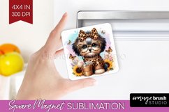 Cute Dog Magnet Sublimation - Leopard Bow Square Magnet PNG Product Image 1