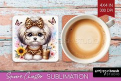 Cute Dog Square Coaster - Leopard Bow Coaster PNG Product Image 1