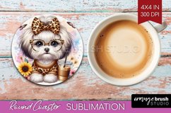 Cute Dog Round Coaster - Leopard Bow Coaster PNG Sublimation Product Image 1